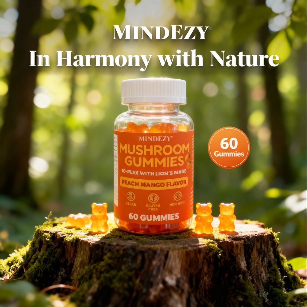 Mindezy Mushroom Gummies 10-Plex with Lion's Mane, Raspberry Flavor | 60 Vegan Gummies YUMMYLAND
