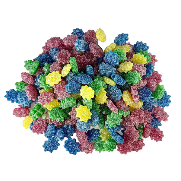 Colorful gummy bursts on a white background