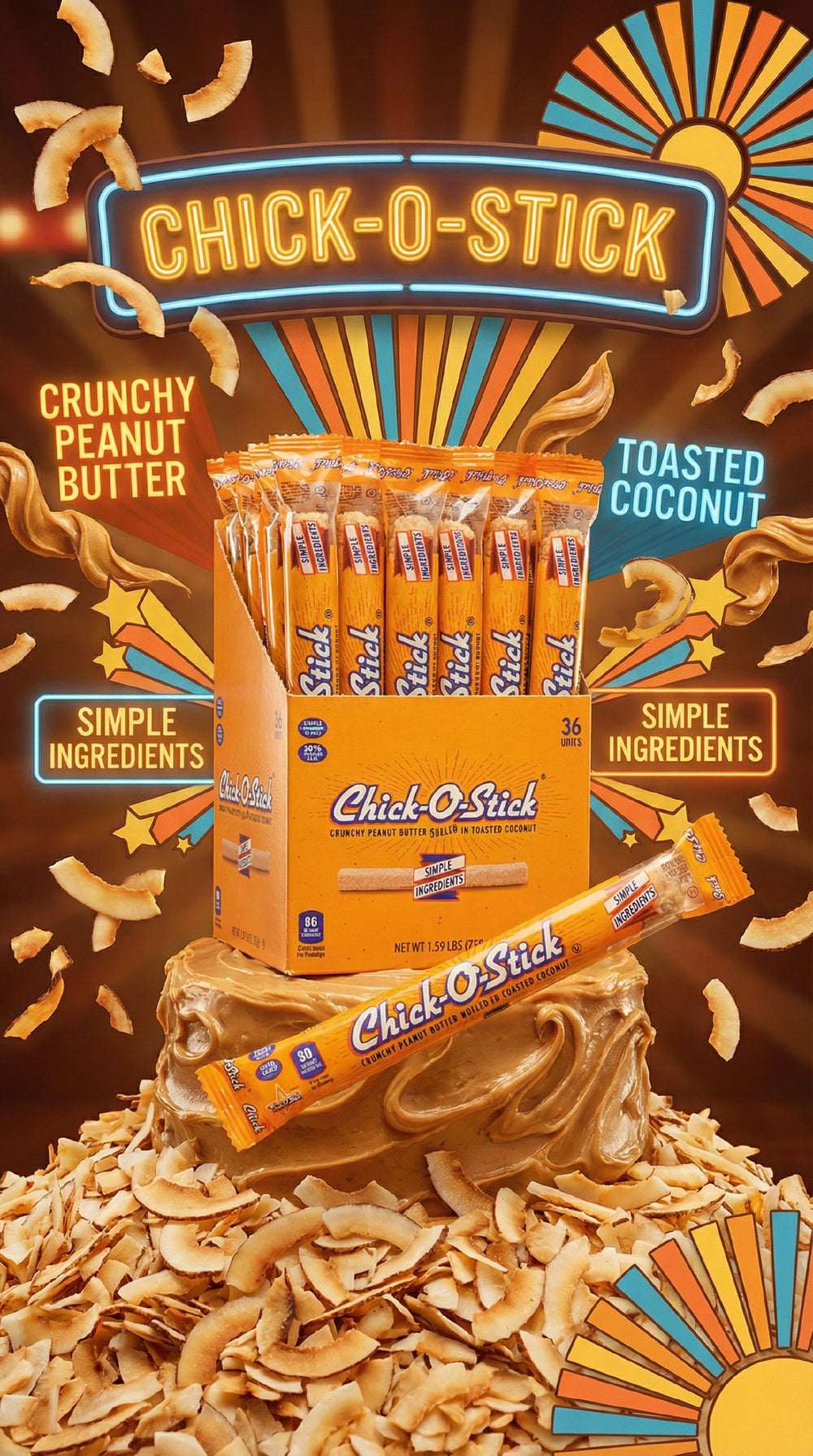 Chick O Stick 0.7 oz Candy Sticks – 36 Count Box – Old-Fashioned Peanut Butter Coconut Crunch Candy