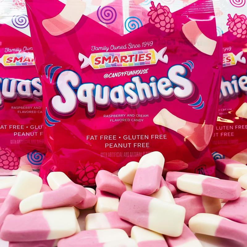 Smarties Squashies Candies - Raspberry and Cream Flavored Marshmallow Soft Foam Gummies - Pack of 3.