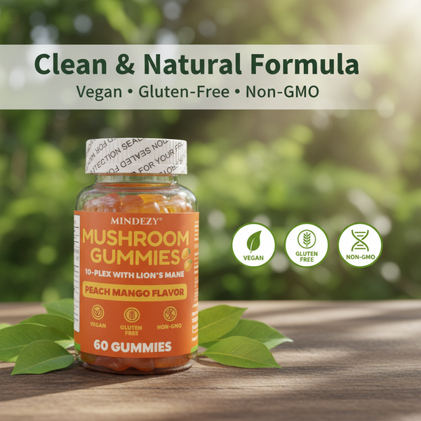 Mindezy Mushroom Gummies 10-Plex with Lion's Mane, Raspberry Flavor | 60 Vegan Gummies YUMMYLAND