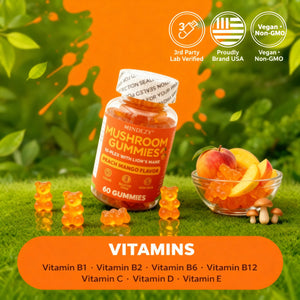 Mindezy Mushroom Gummies 10-Plex with Lion's Mane, Raspberry Flavor | 60 Vegan Gummies YUMMYLAND