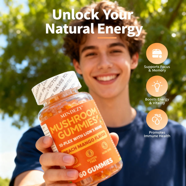 Mindezy Mushroom Gummies 10-Plex with Lion's Mane, Raspberry Flavor | 60 Vegan Gummies YUMMYLAND
