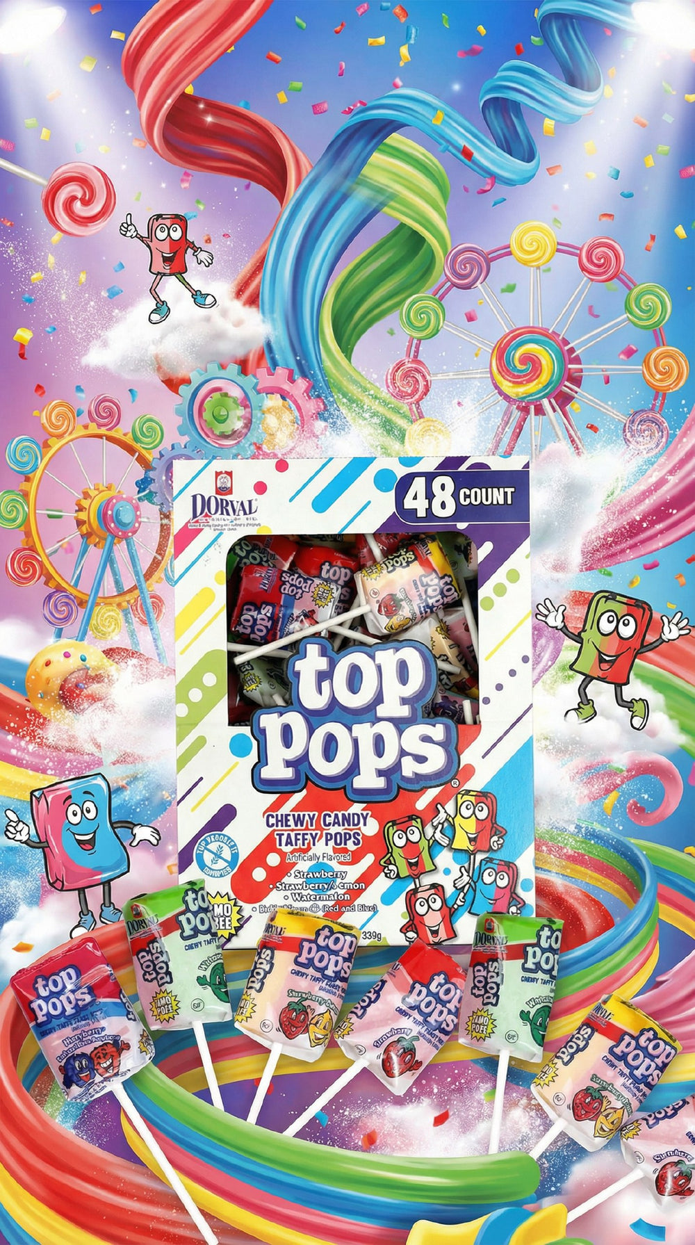 Top Pops Taffy Pops, 48-Pack – 4 Delicious Assorted Fruit Flavor Lollipops Candy