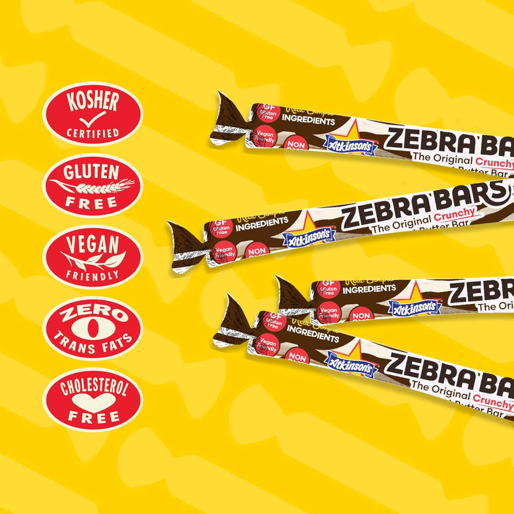 Atkinson's Zebra Bars Peanut Butter Zebra Bars, 36 Count Box – Crispy Peanut Butter Candy Bars, Individually Wrapped Retro Candy Treats, 0.7 Oz Bars