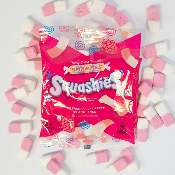 Smarties Squashies Candies - Raspberry and Cream Flavored Marshmallow Soft Foam Gummies - Pack of 3.