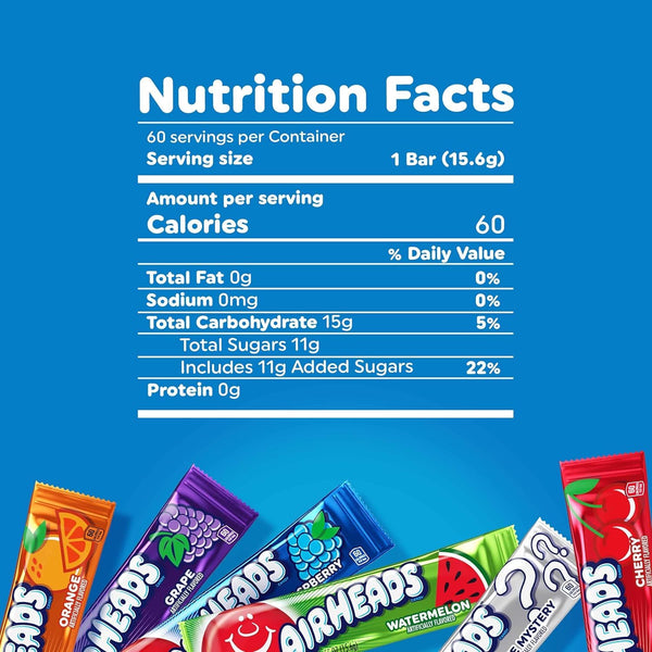 Airheads Chewy Candy Bars, Assorted Flavors, Nut Free, Regular Size, 33 oz, 60 Count Box