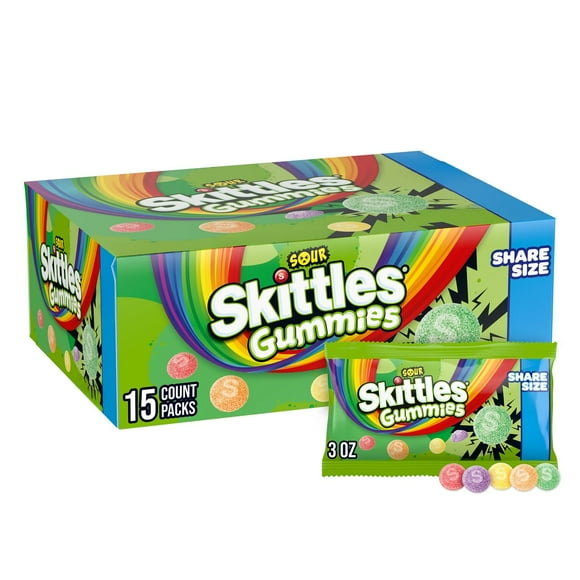 Skittles Gummies Sour Gummy Candy, Share Size, 15 pk.