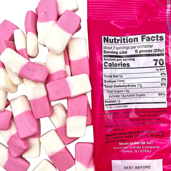 Smarties Squashies Candies - Raspberry and Cream Flavored Marshmallow Soft Foam Gummies - Pack of 3.