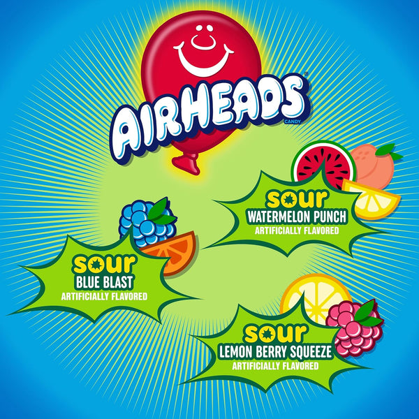 Airheads SOUR Bars Variety Bulk Box, Assorted Flavors, Individually Wrapped Full Size, 60 Count