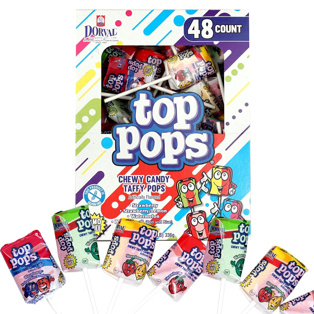 Top Pops Taffy Pops, 48-Pack – 4 Delicious Assorted Fruit Flavor Lollipops Candy
