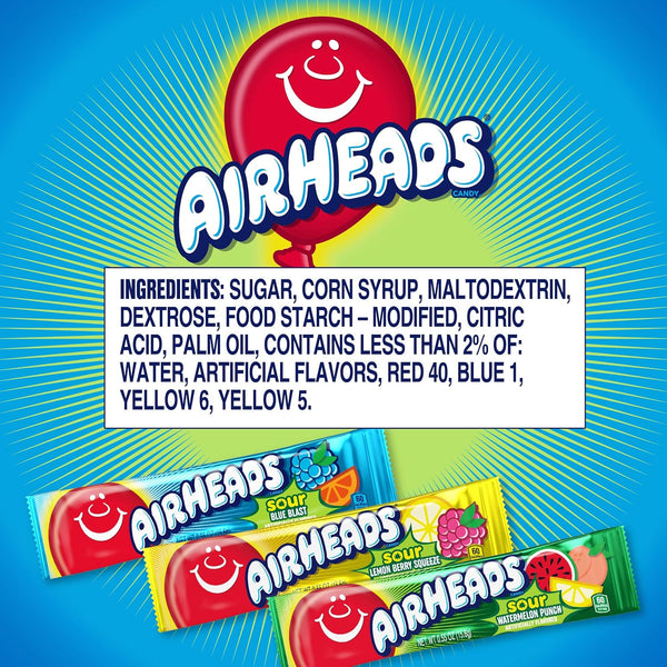 Airheads SOUR Bars Variety Bulk Box, Assorted Flavors, Individually Wrapped Full Size, 60 Count