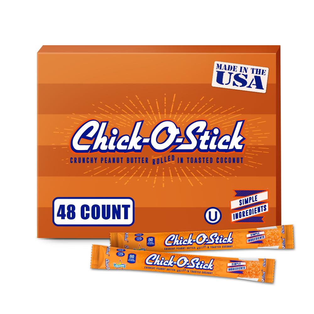 Chick-O-Stick Peanut Butter Coconut Dessert Candy, 48-Count Box (0.36 Oz Each) – Crunchy Peanut Butter Candy Sticks, Coconut Flavored Retro Candy, Individually Wrapped Treats