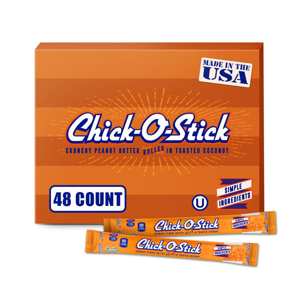 Chick-O-Stick Peanut Butter Coconut Dessert Candy, 48-Count Box (0.36 Oz Each) – Crunchy Peanut Butter Candy Sticks, Coconut Flavored Retro Candy, Individually Wrapped Treats