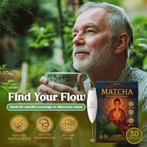 Man holding a cup with Matcha with Mushrooms packaging and product in a natural setting