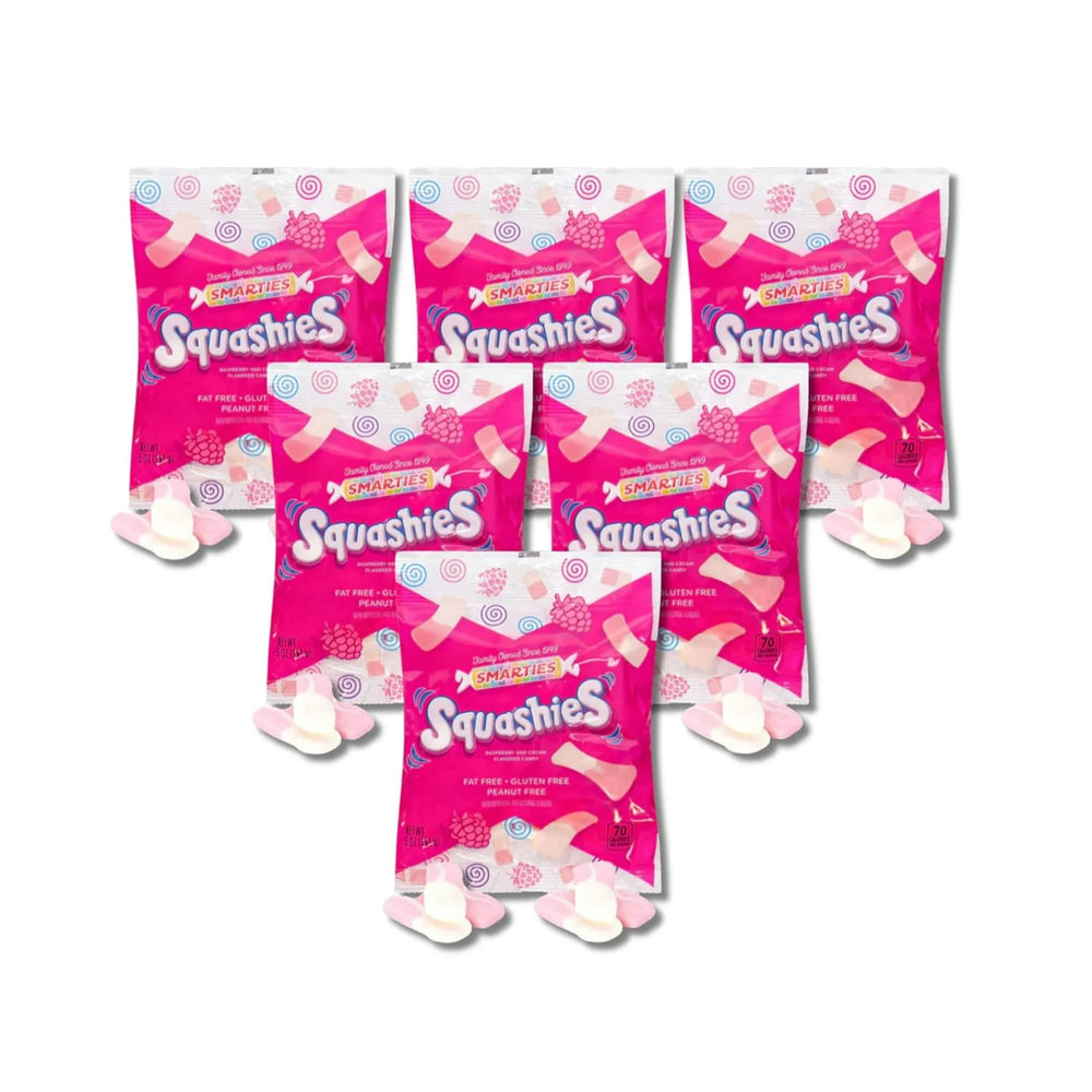 Smarties Squashies Candies - Raspberry and Cream Flavored Marshmallow Soft Foam Gummies - Pack of 6.