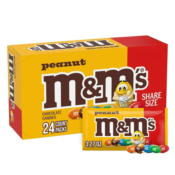 M&M'S Peanut Milk Chocolate Candy, Share Size, 3.27 oz., 24 pk.