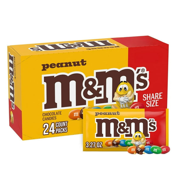M&M'S Peanut Milk Chocolate Candy, Share Size, 3.27 oz., 24 pk.