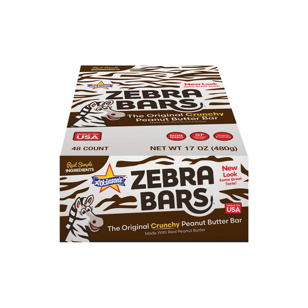 Atkinson's Zebra Bars Peanut Butter Zebra Bars, 36 Count Box – Crispy Peanut Butter Candy Bars, Individually Wrapped Retro Candy Treats, 0.7 Oz Bars